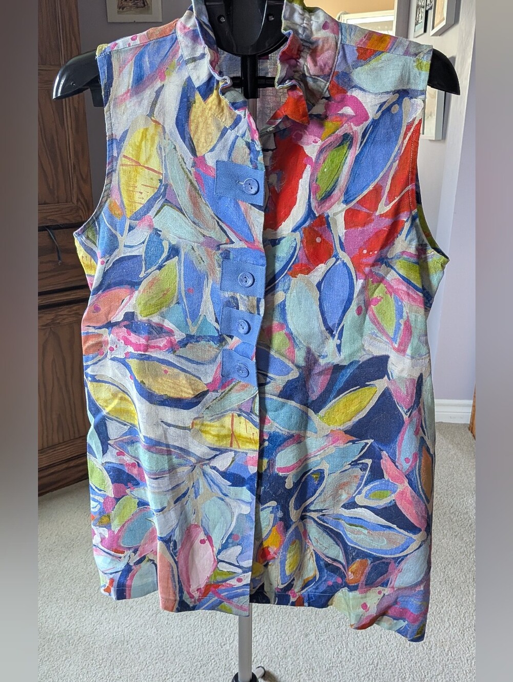 LINEN Sleeveless Multicolor Leaf-Print Tunic Vest. Canadian Designed.